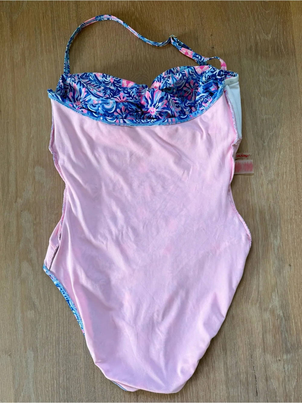 LILLY PULITZER Falmenco Bandeau Ruched One-Piece Swimsuit - Blue & Pink - Picture 6 of 10